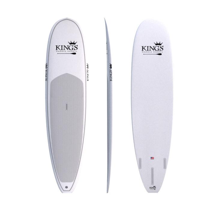 White fibreglass stand-up paddleboards with a printed logo