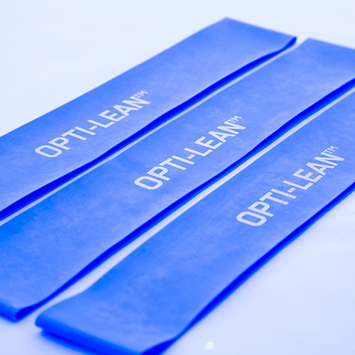 Blue resistance band loops printed with a logo