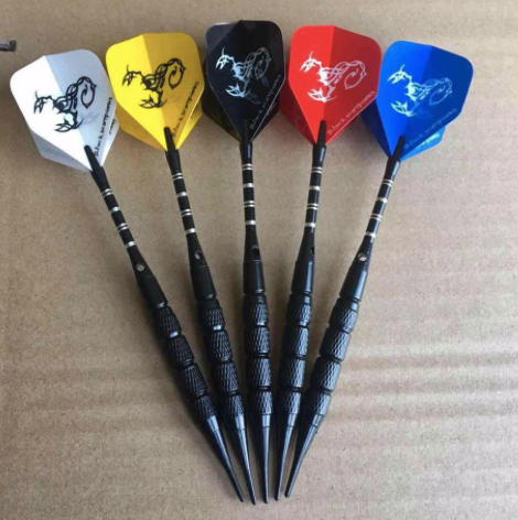 Five darts fitted with custom printed flights in different colours