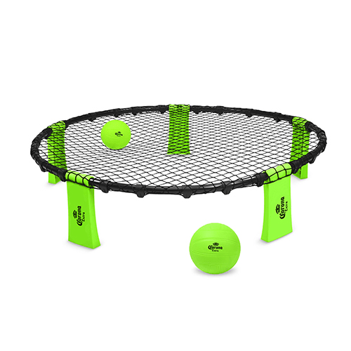 Roundnet game set with green legs, black net and balls