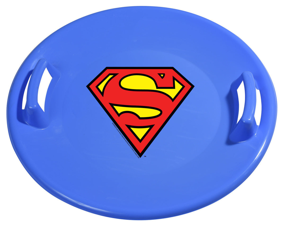Blue plastic disc sledge with a full-colour printed emblem