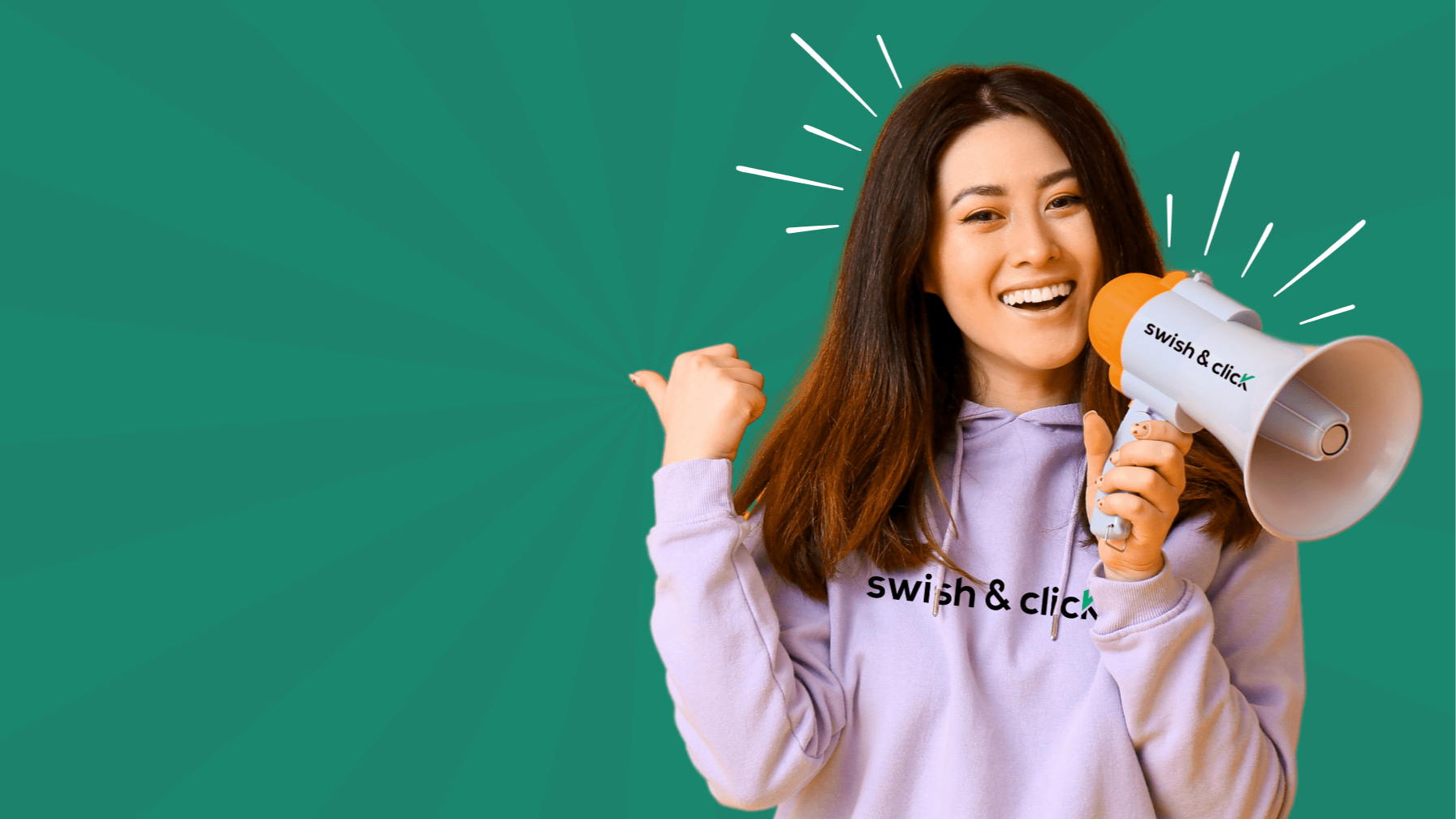 Woman wearing a branded hoodie holding a megaphone, highlighting top promotional best sellers.