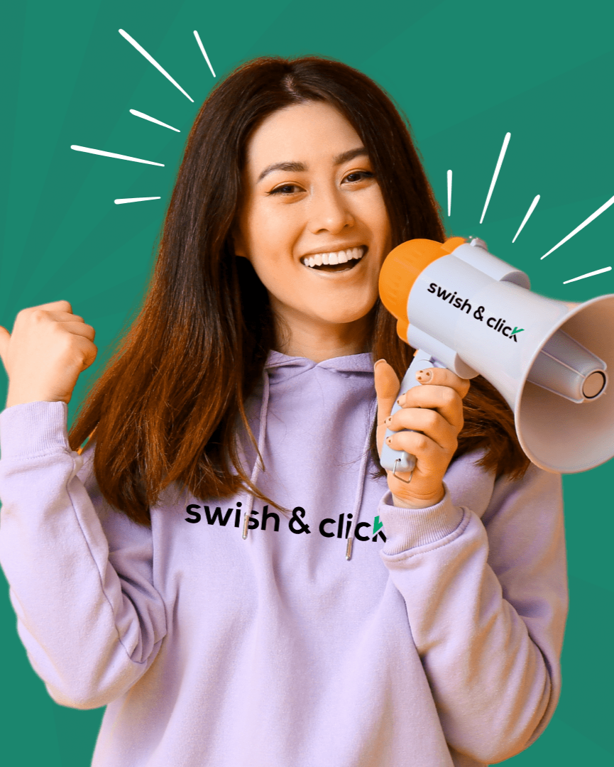 Woman wearing a branded hoodie holding a megaphone, highlighting top promotional best sellers.