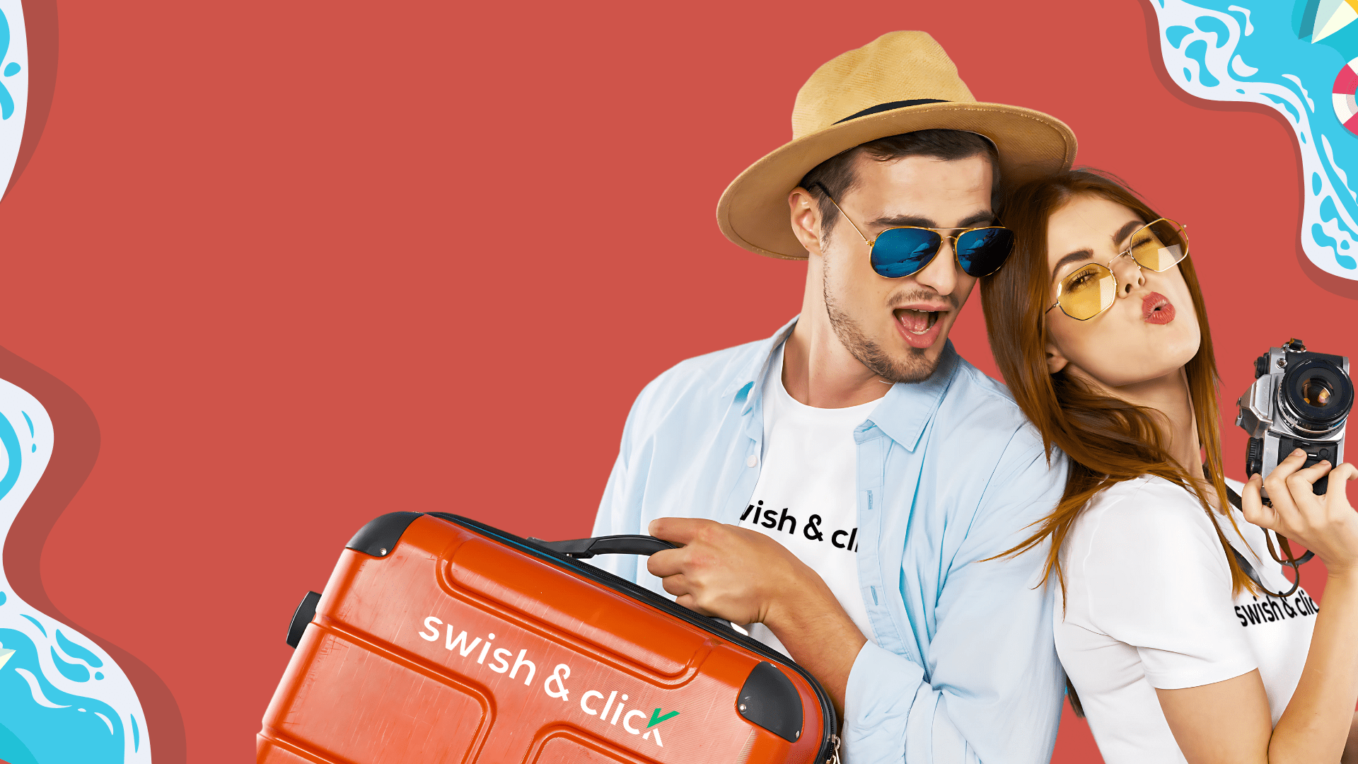 Two people in summer outfits with branded T-shirts and a branded suitcase, showcasing summer promotional products.