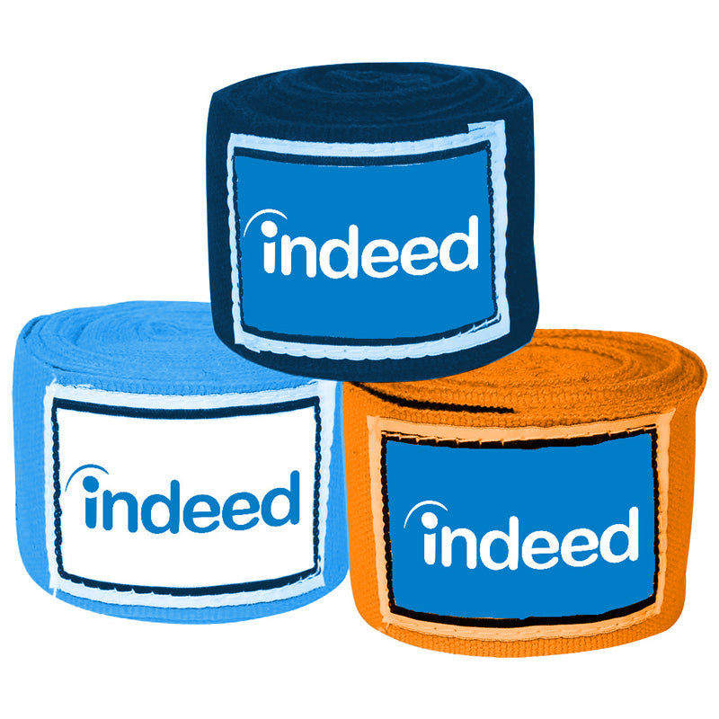 Rolled blue and orange boxing hand wraps with sewn-on logo patches