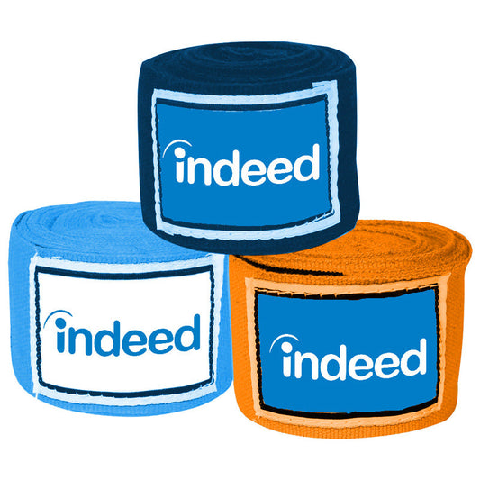 Rolled blue and orange boxing hand wraps with sewn-on logo patches