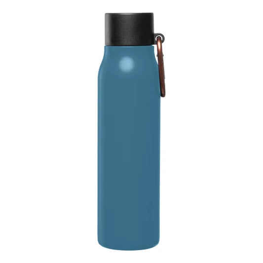Strata Recycled Stainless Steel Carabiner Vacuum Bottle promotional thermal bottle in steel blue laser engraved with your