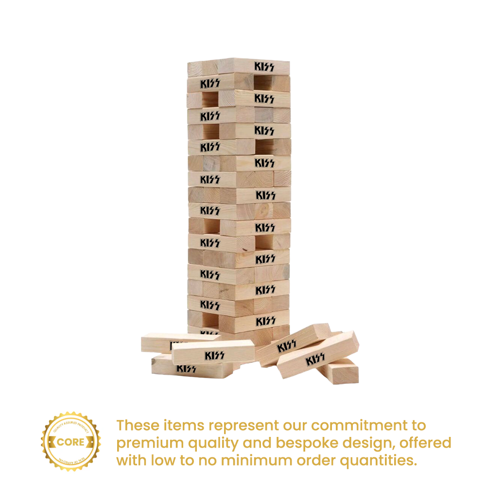 Giant topple tower built from natural wooden blocks