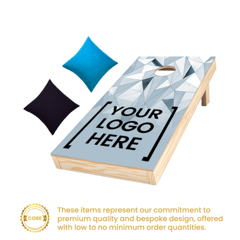 Wooden cornhole board printed Your Logo Here with matching bean bags