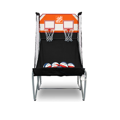 Double hoop basketball arcade game with printed backboards, nets and LED scoreboard