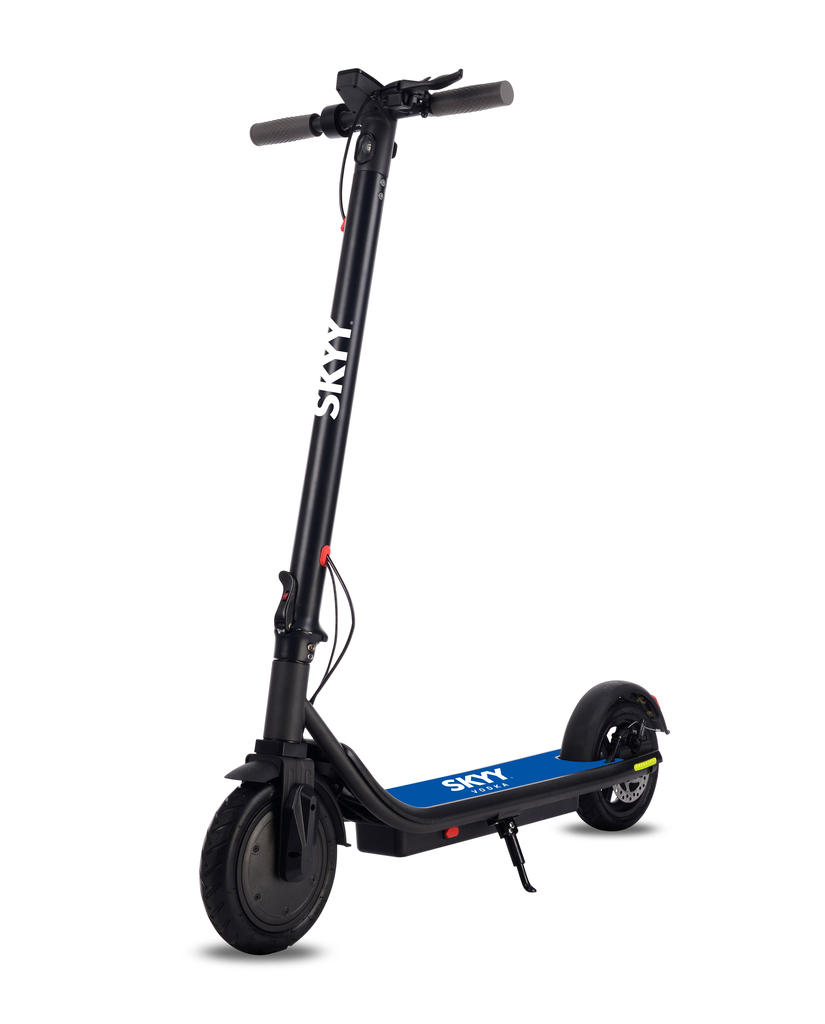 Black folding electric scooter with a branded deck