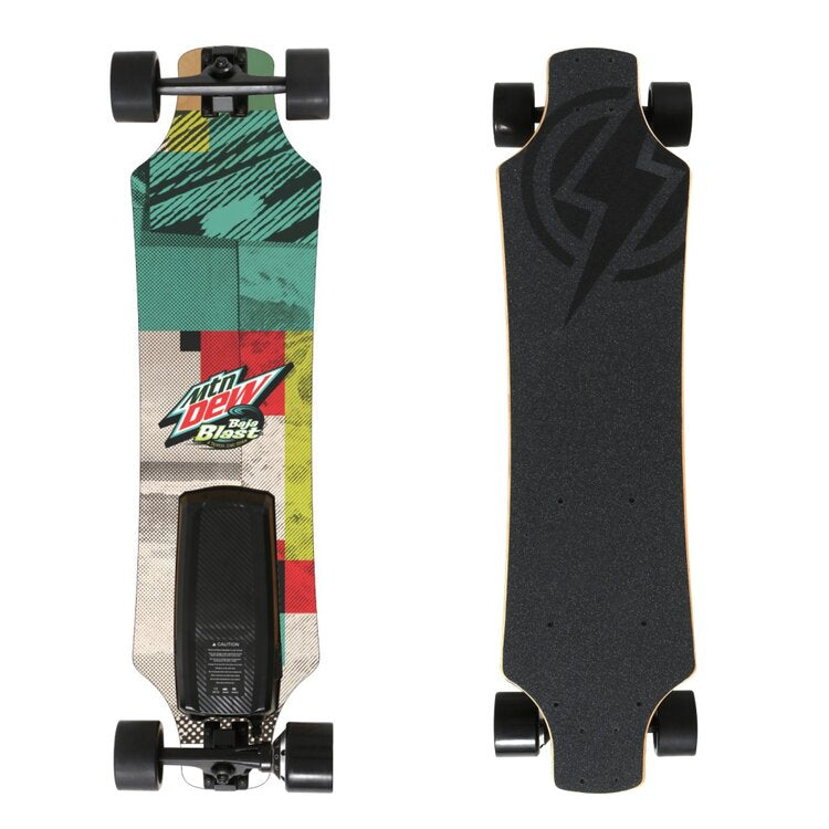Two electric skateboards with full-colour graphic decks