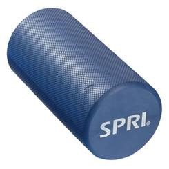 Blue solid-core foam roller with a printed logo