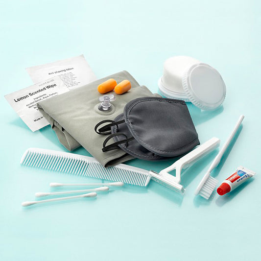 Essential Travel Amenity Kit In a Zippered Bag branded personal care item in black, clear, orange, white printed with your