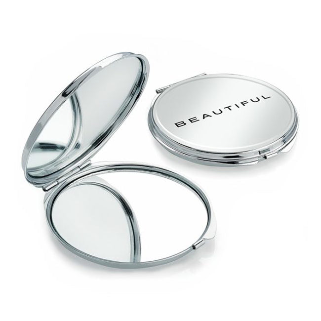 Silver Coloured Double Compact Mirror branded beauty item in silver engraved with your company logo