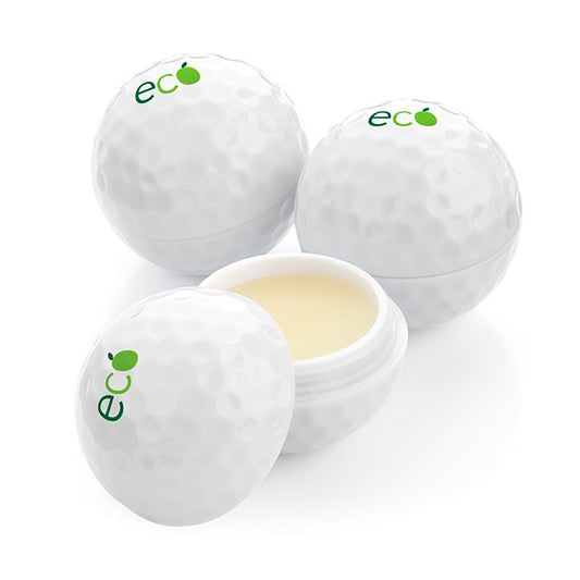 Golf Ball Shaped Lip Balm branded beauty item in white printed with your company logo