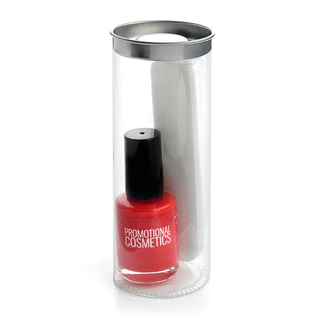 Nail Polish and Emery Board in a PET Tube branded beauty item in silver, white printed with your company logo