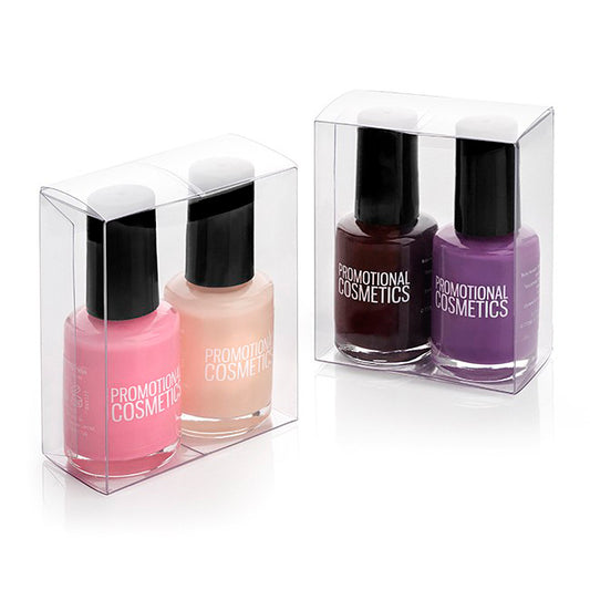 2 Piece Nail Polish Gift Set in a Clear Box branded beauty item in black, blue, brown, green, orange, pink, purple, red