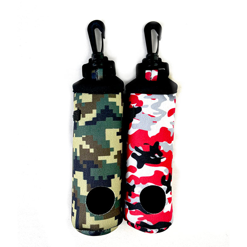 Two neoprene golf ball and tee holders with full-colour camouflage prints