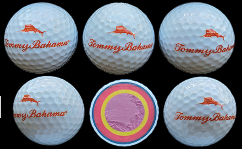 Six white golf balls printed with a full-colour logo