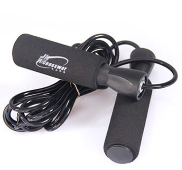 Black skipping rope with foam handles and a small logo