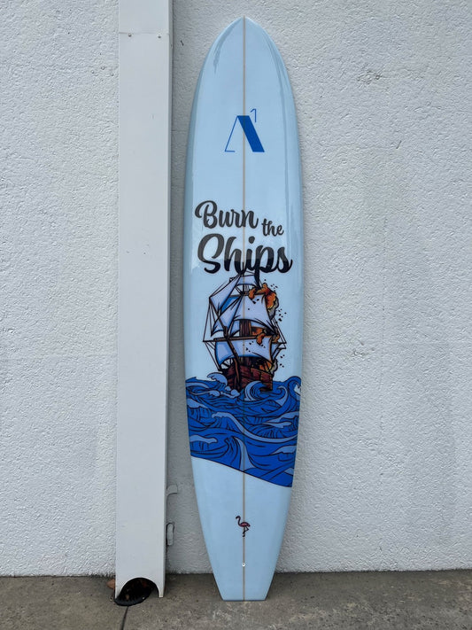 Handmade longboard surfboard with a full-colour illustrated print