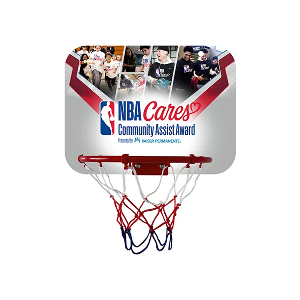 Mini basketball hoop with a full-colour printed backboard, metal rim and white net