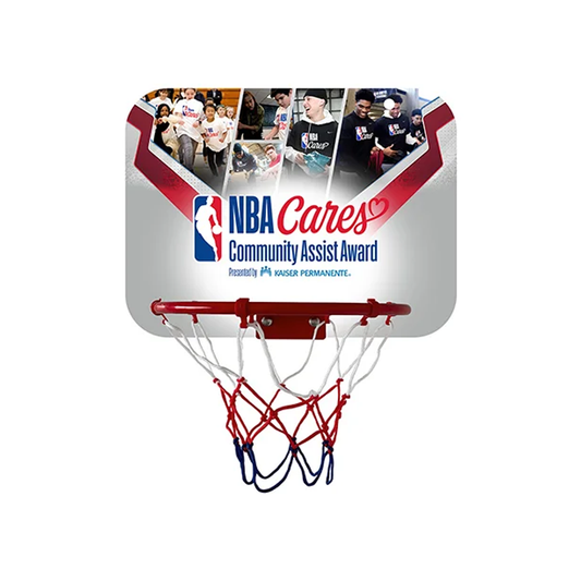 Mini basketball hoop with a full-colour printed backboard, metal rim and white net