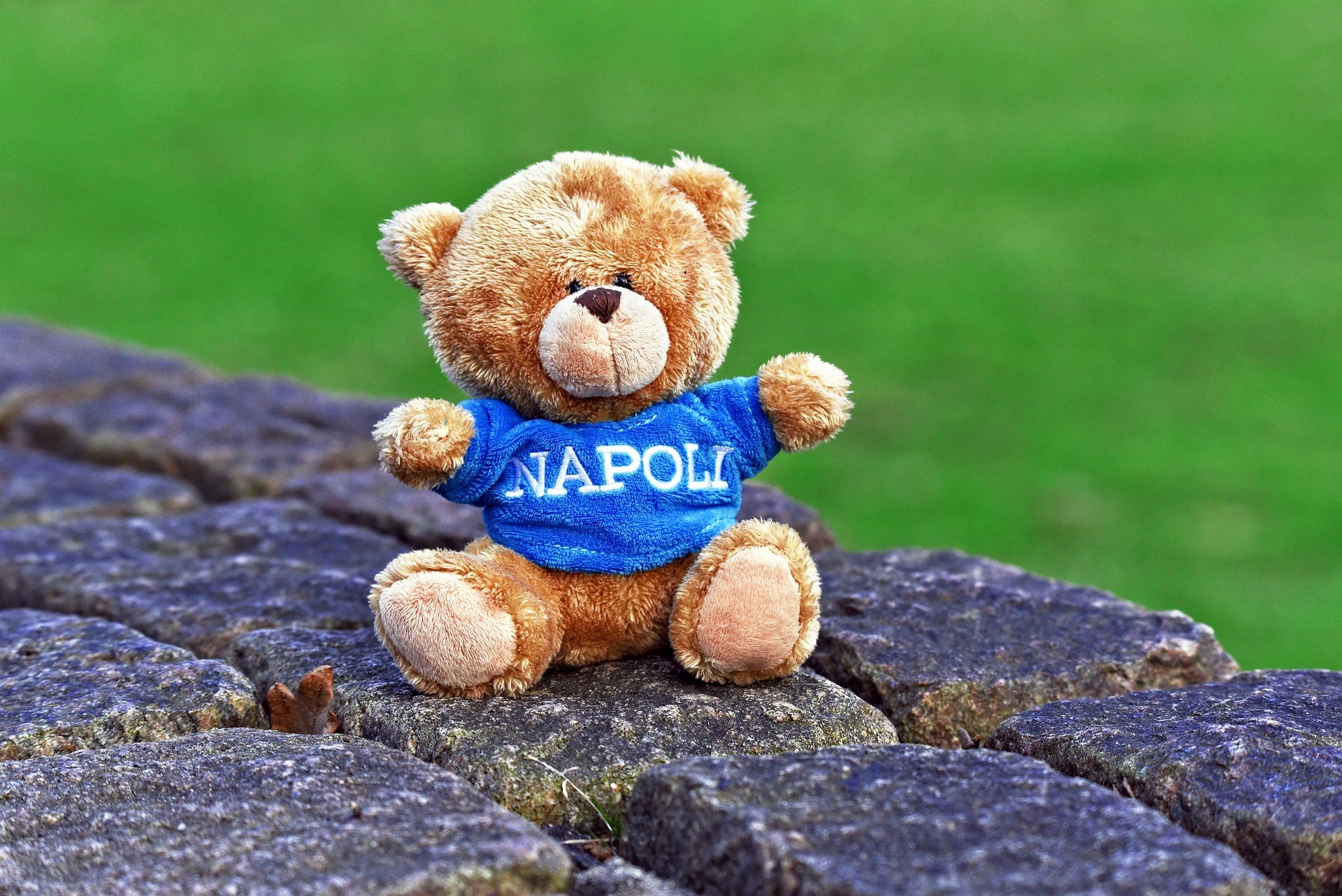 Peluches con scritta Napoli, rappresentando gadget personalizzati per eventi creativi, aziende locali e colletivi culturali.