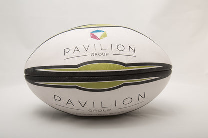 White 4-panel match rugby ball printed with a logo