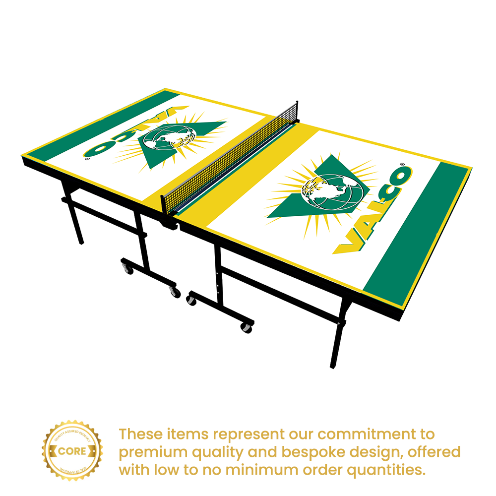 Full-size table tennis table with a green and yellow printed playing surface