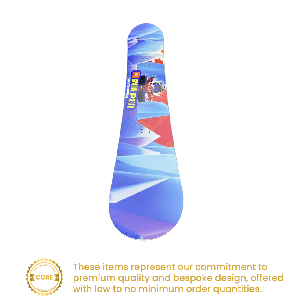 Snowboard with a full-colour blue and purple graphic