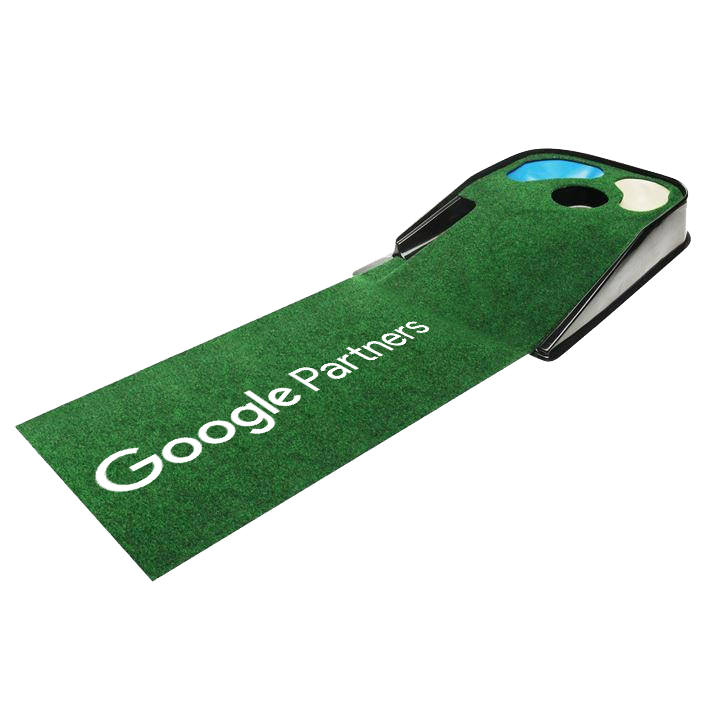 Green moulded golf putting mat with a printed logo