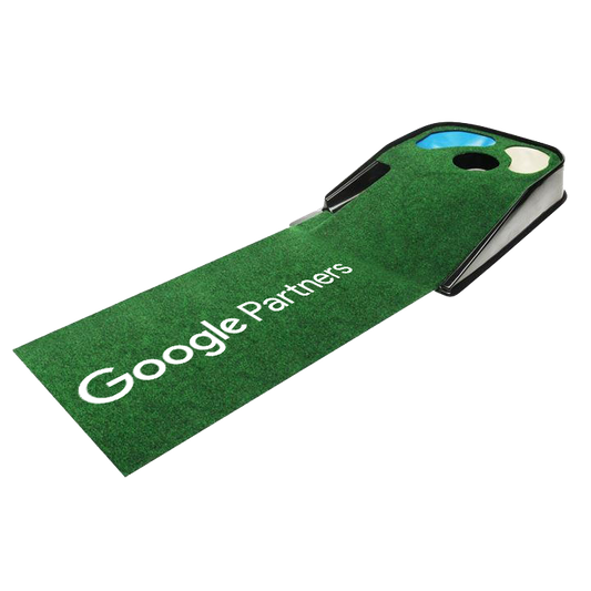 Green moulded golf putting mat with a printed logo