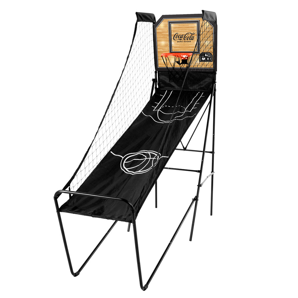 Single hoop basketball arcade game with folding steel frame and printed backboard