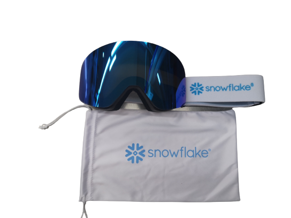 Ski goggles with a mirrored lens and a branded fabric pouch