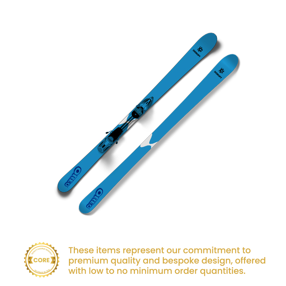 Pair of blue skis with a full-colour printed top sheet