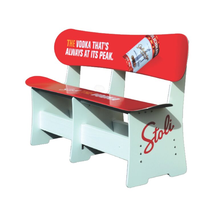 Bench built from two printed snowboards on a pine frame