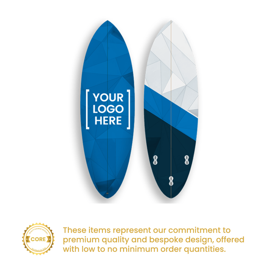 Two fibreglass surfboards printed with a Your Logo Here design